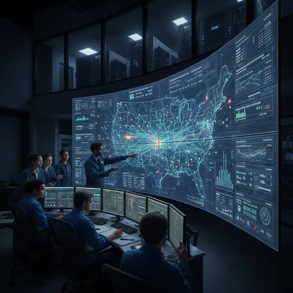 Control room with engineers monitoring real-time energy grid data.