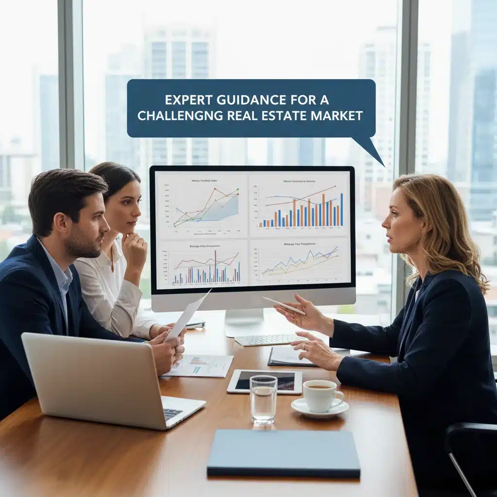 Financial advisor explaining market trends to a couple, highlighting expert guidance for real estate decisions.