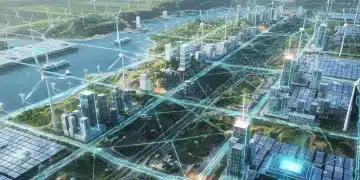 Futuristic U.S. power grid with renewable energy sources and advanced transmission lines.