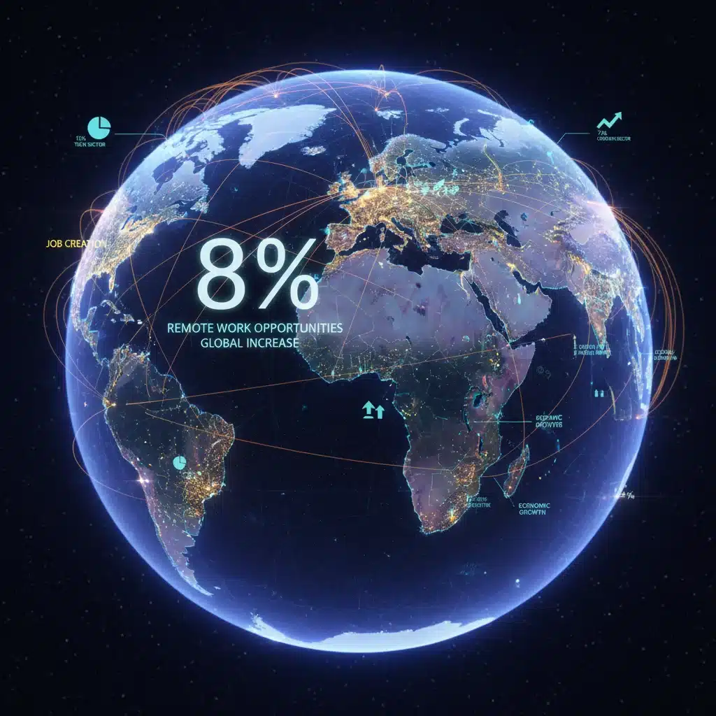 Global map with interconnected cities and data points, illustrating worldwide economic growth and job creation, highlighting remote work increase.