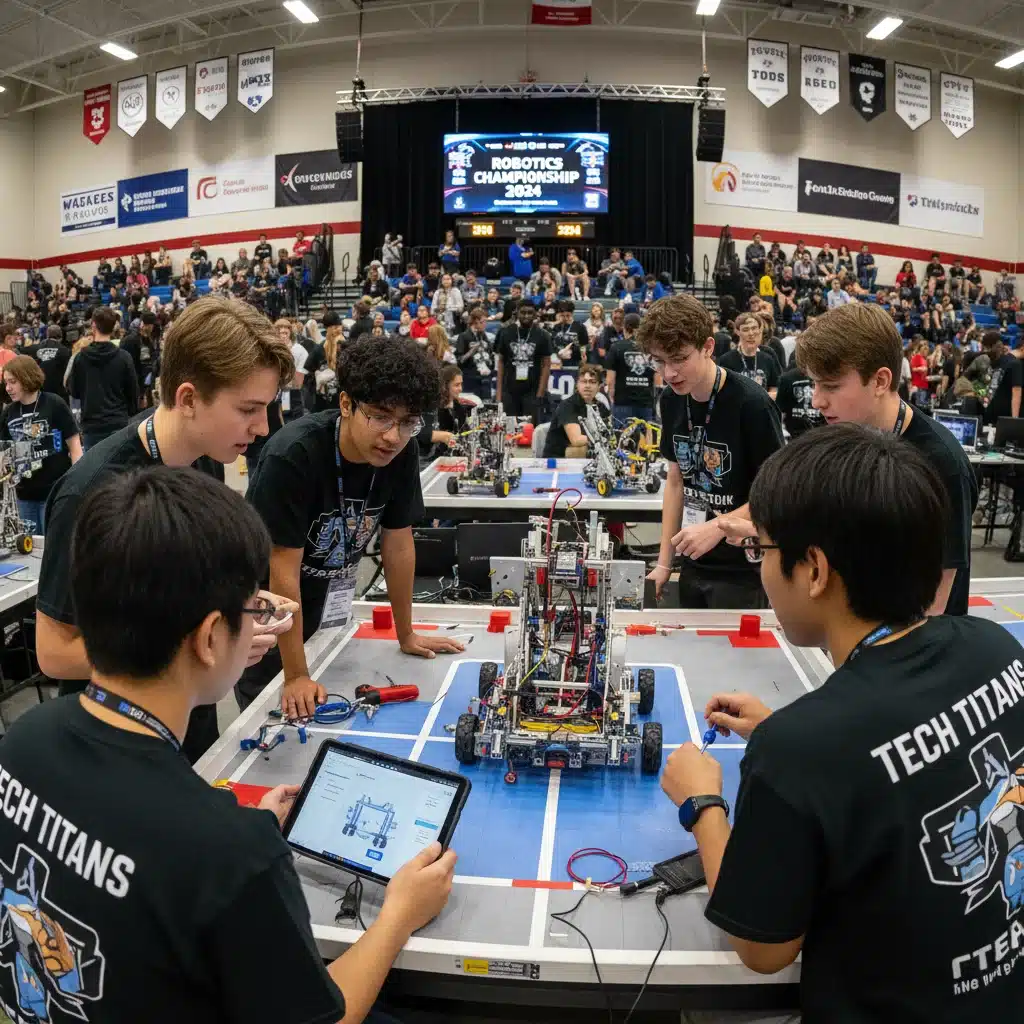 High school students collaborating in a robotics competition.