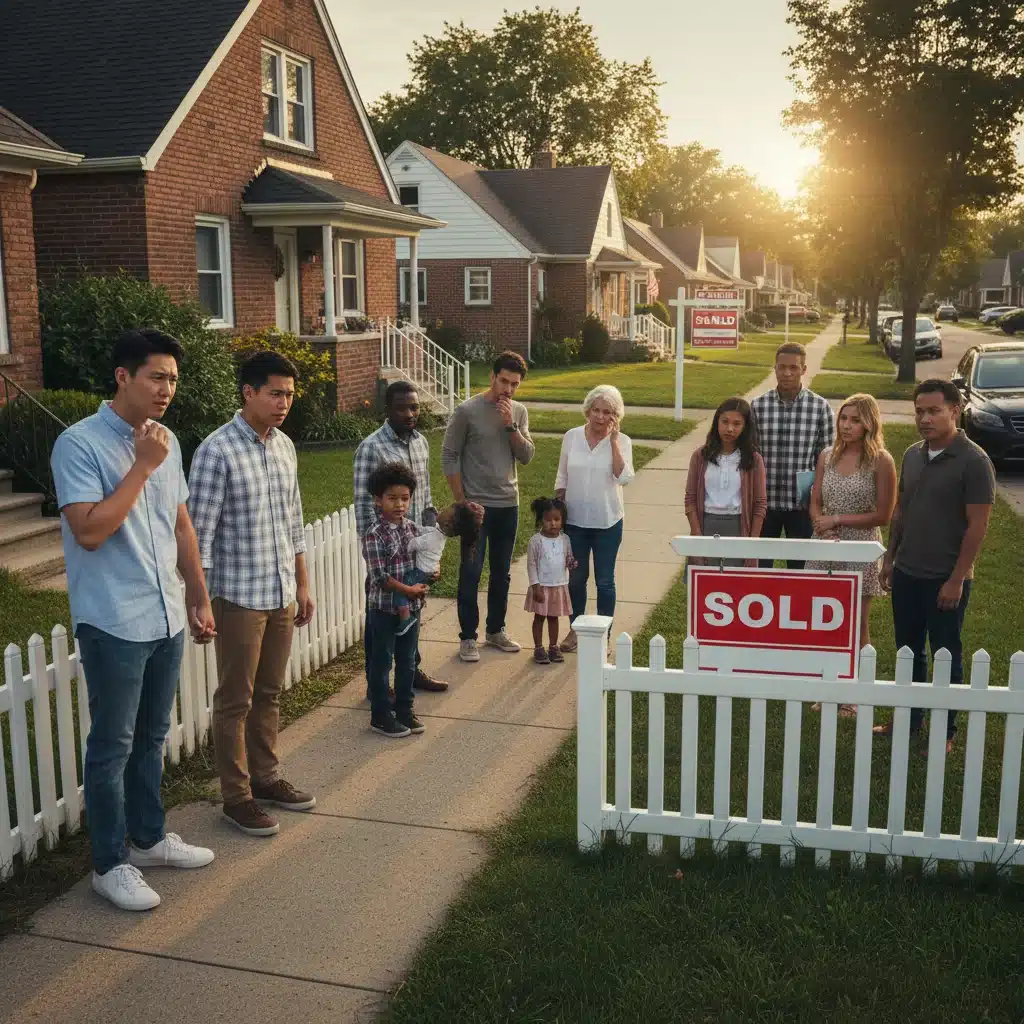 Prospective homebuyers looking at a 'Sold' sign with worried expressions, reflecting mortgage rate concerns.