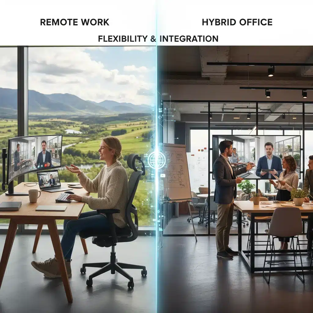 Employee working remotely from home and another in a modern office, both connected virtually, symbolizing hybrid work.