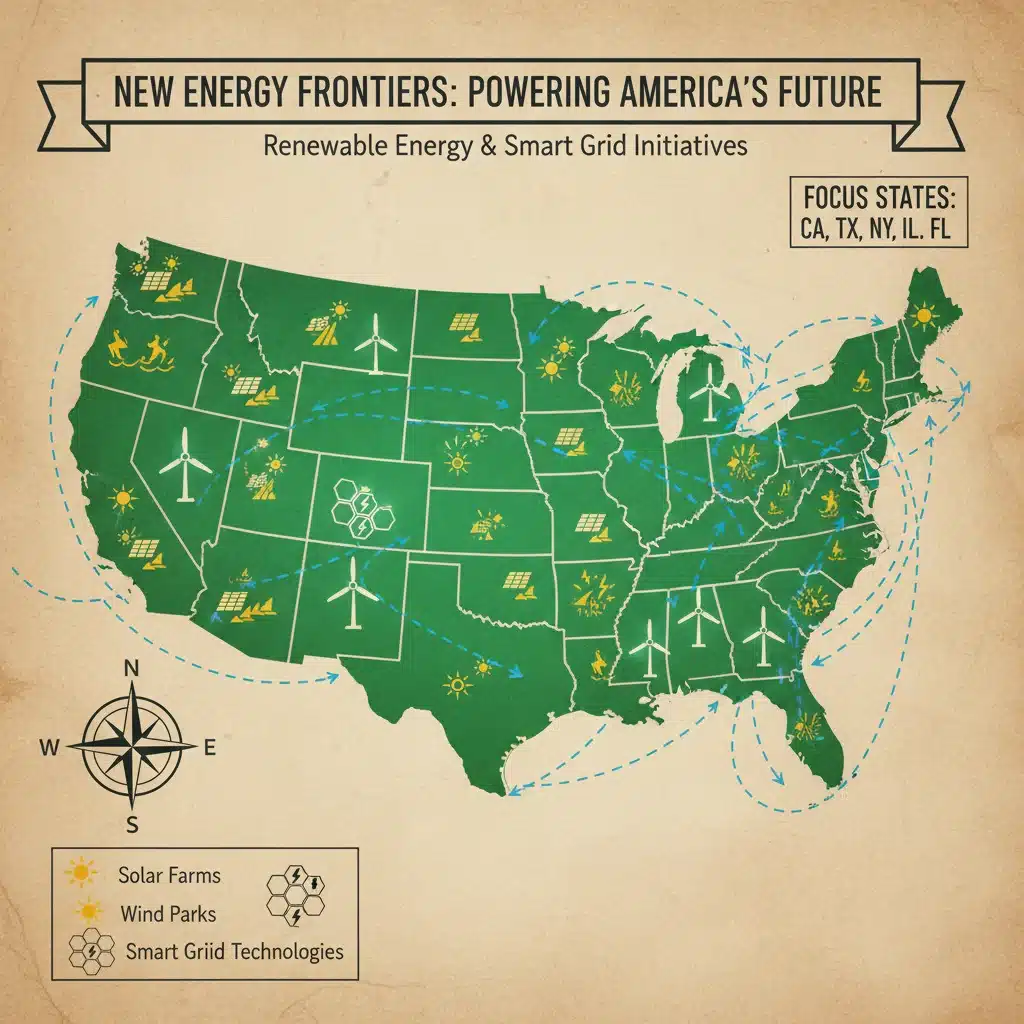 Map of key U.S. states with renewable energy projects and smart grid initiatives.