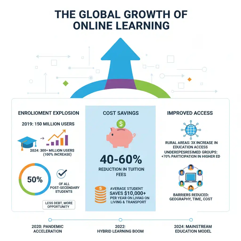 Infographic displaying online learning growth statistics and benefits