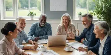Group of seniors discussing retirement planning documents for 2026