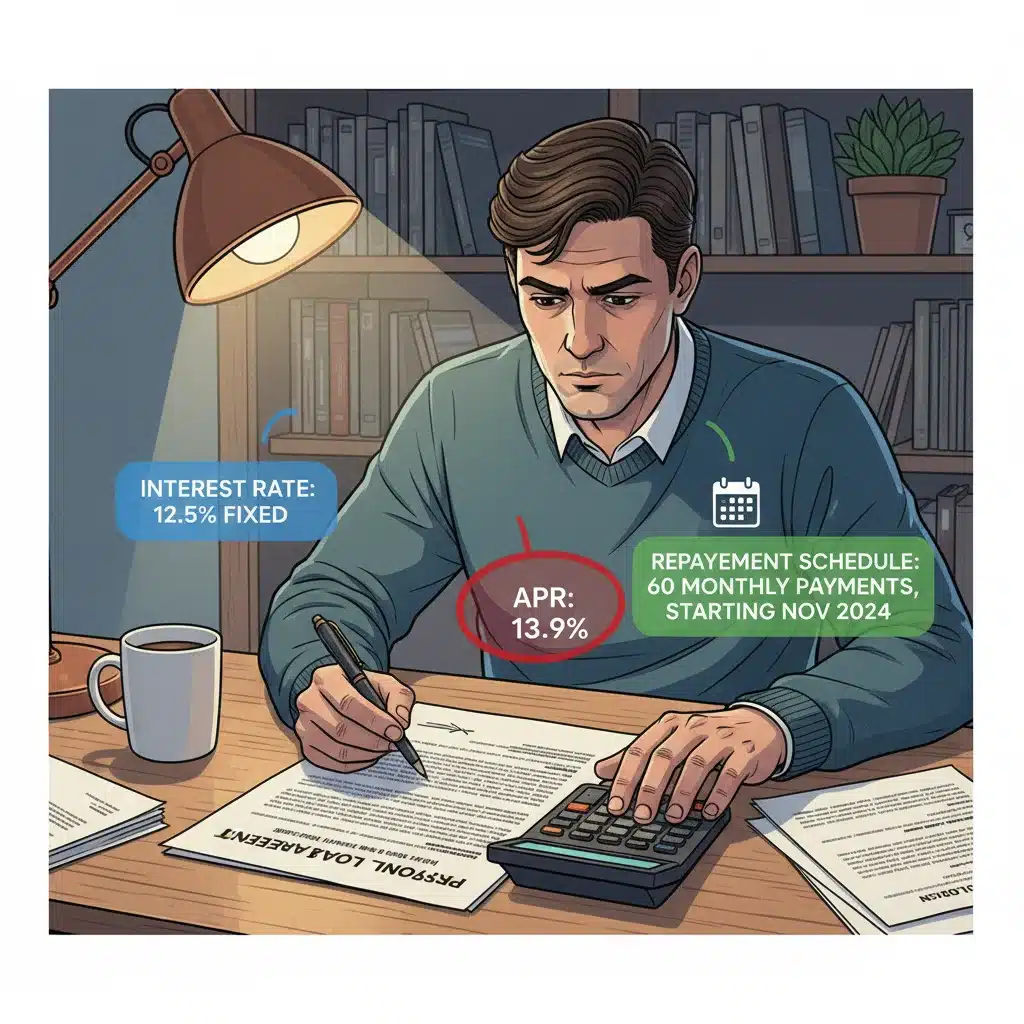 Person reviewing personal loan agreement details with a calculator.
