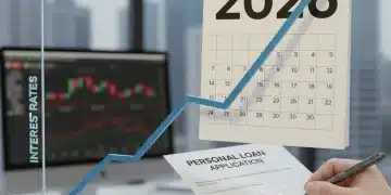 Graph showing rising interest rates and a calendar for 2026 with a personal loan application.