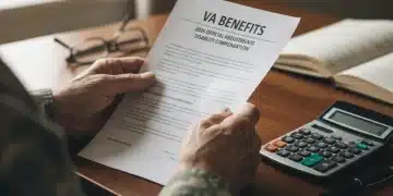 Veteran reviewing 2026 VA disability benefits document with calculator