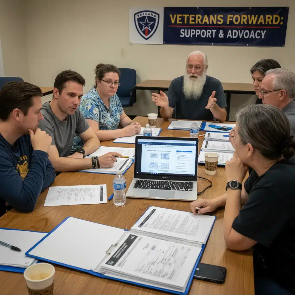 Veterans discussing VA disability claims and support resources