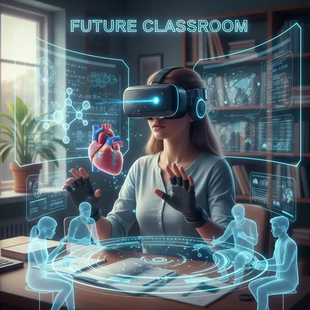 Student in VR/AR goggles in an immersive virtual classroom