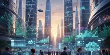 Futuristic cityscape with digital financial data overlays, representing 2026 financial wellness.
