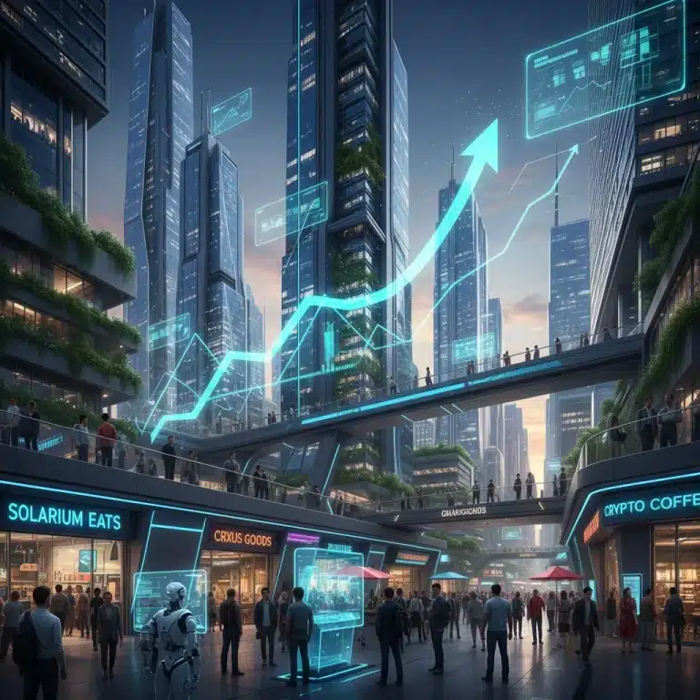 Futuristic cityscape with economic graphs and people adapting to inflation.