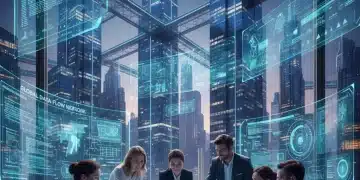 Futuristic professionals collaborating amidst digital interfaces in a modern office, symbolizing 2026 labor market evolution.