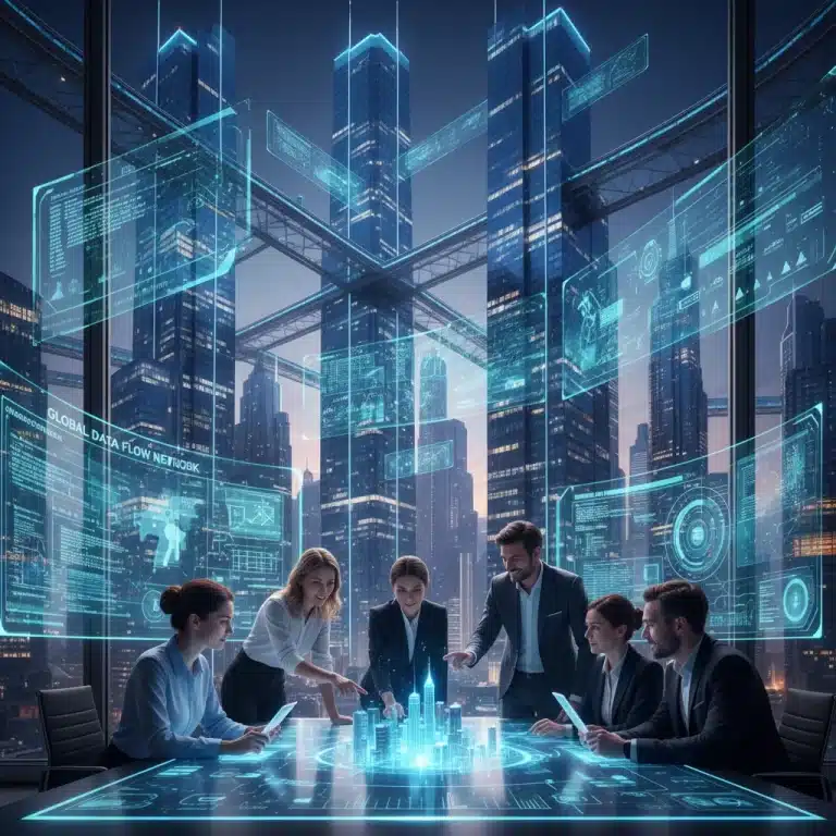 Futuristic professionals collaborating amidst digital interfaces in a modern office, symbolizing 2026 labor market evolution.