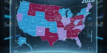 Futuristic electoral map showing 2026 midterm election predictions across key US states.