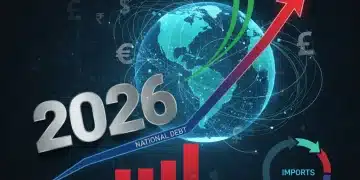 Infographic showing the upward trend of national debt towards 2026 with economic indicators.