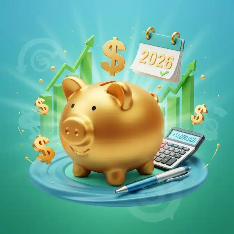 Illustration of 2026 retirement savings goals with piggy bank and financial symbols