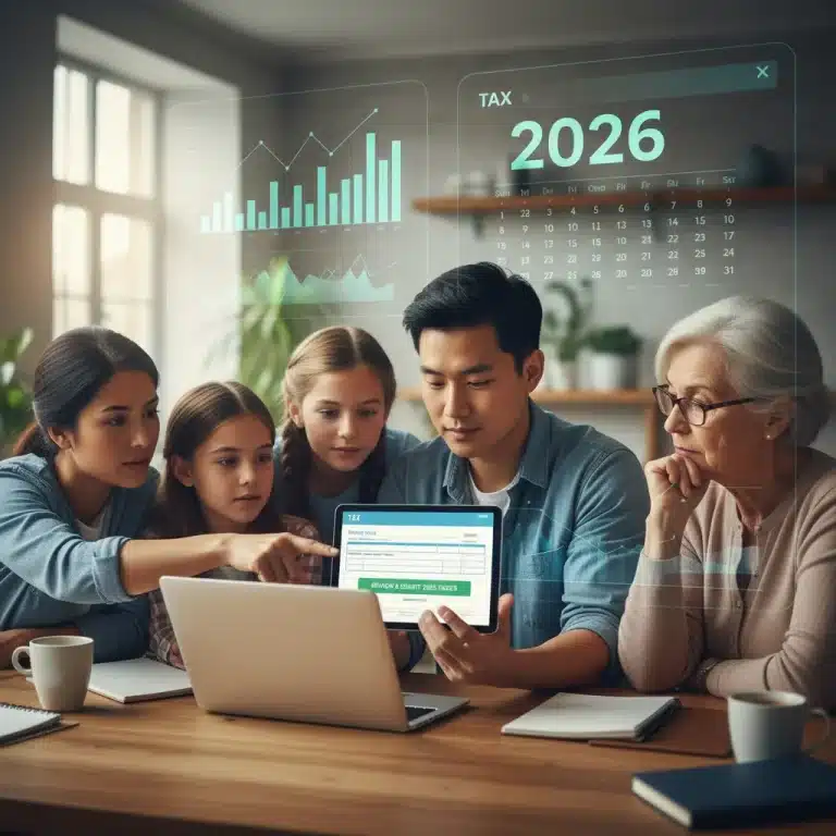 People reviewing 2026 tax forms on a tablet, symbolizing future financial planning.