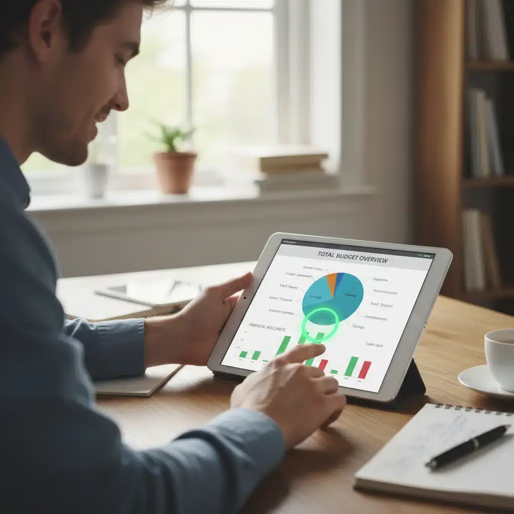 Person tracking budget on tablet with pie charts, emphasizing active financial management.