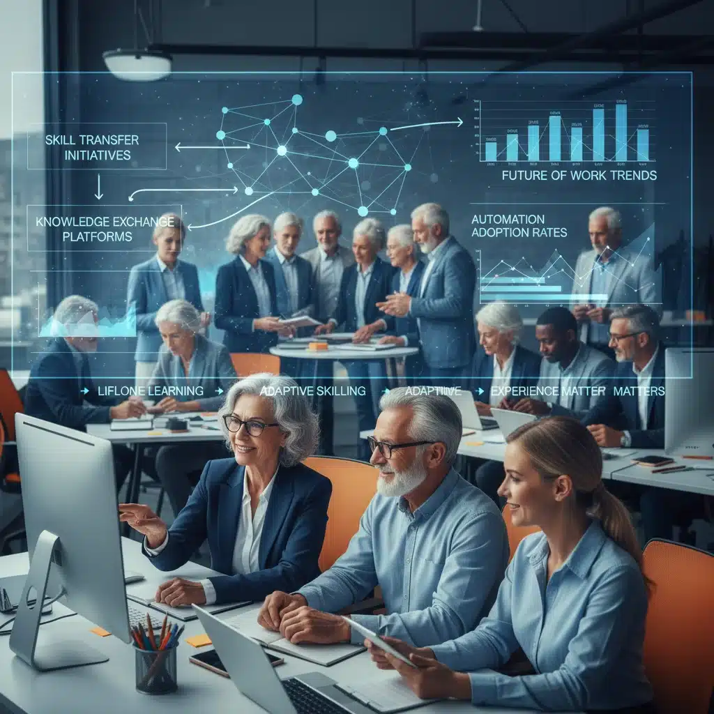 Aging workforce collaboration and knowledge transfer in modern office setting.