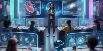 Students and teacher engaging with AI-powered personalized learning in a modern classroom.