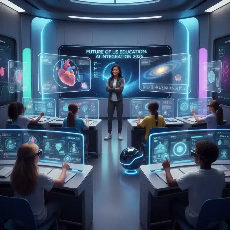 Students and teacher engaging with AI-powered personalized learning in a modern classroom.
