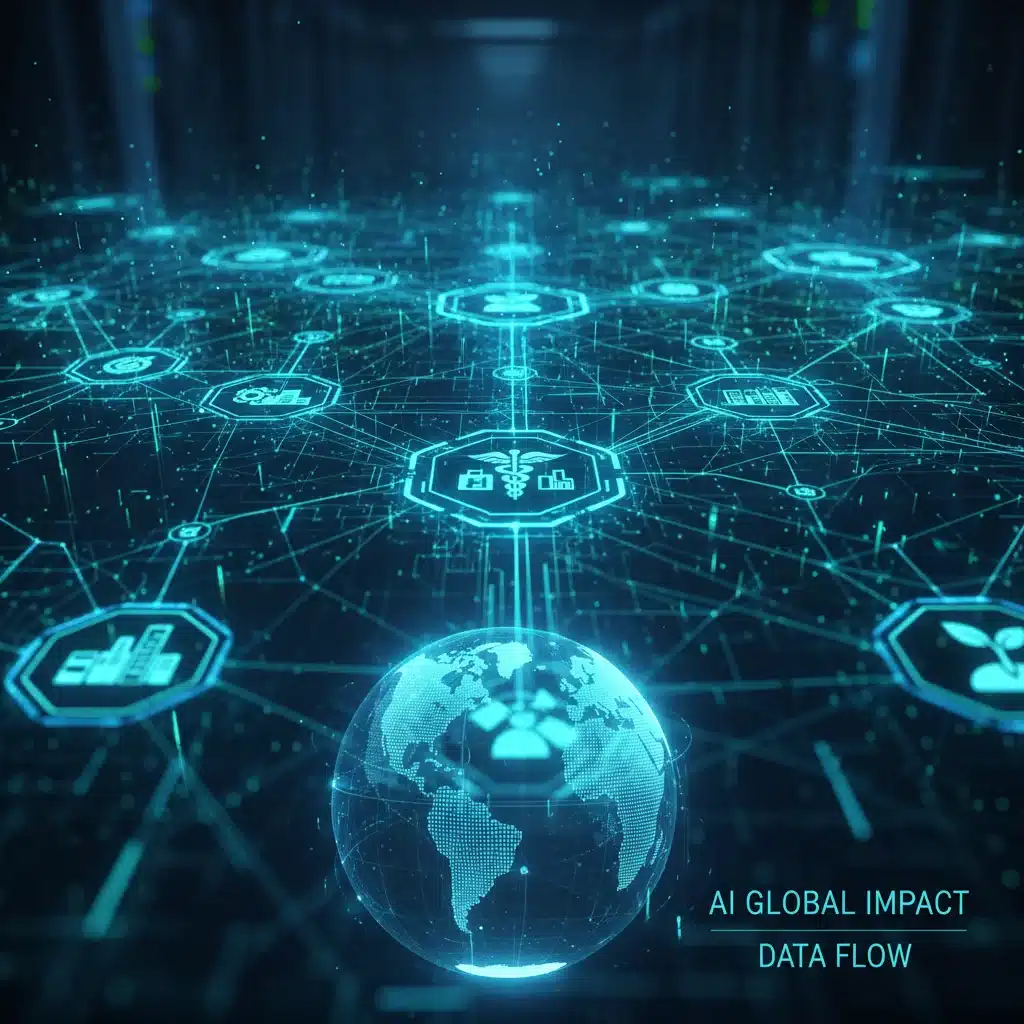 Complex network illustrating artificial intelligence's pervasive industrial influence.