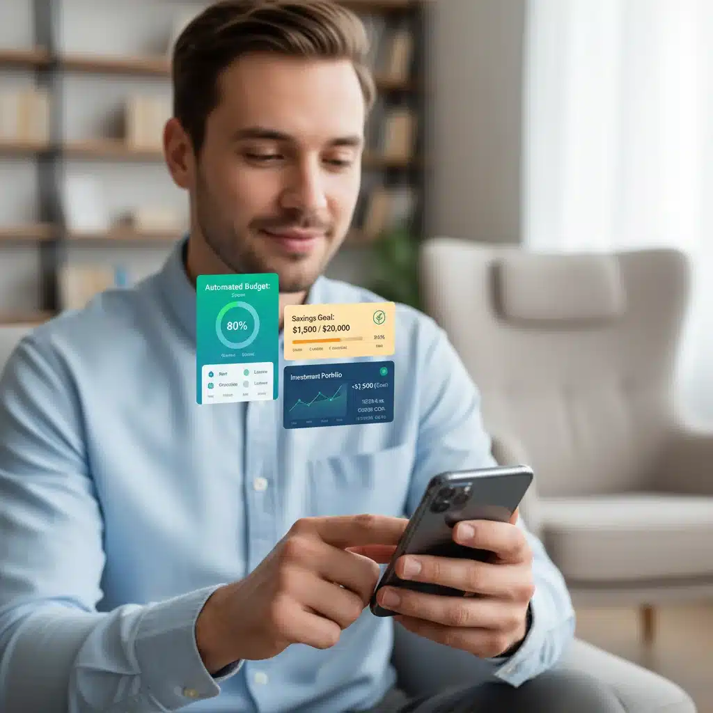 Individual managing finances with automated budgeting apps on smartphone