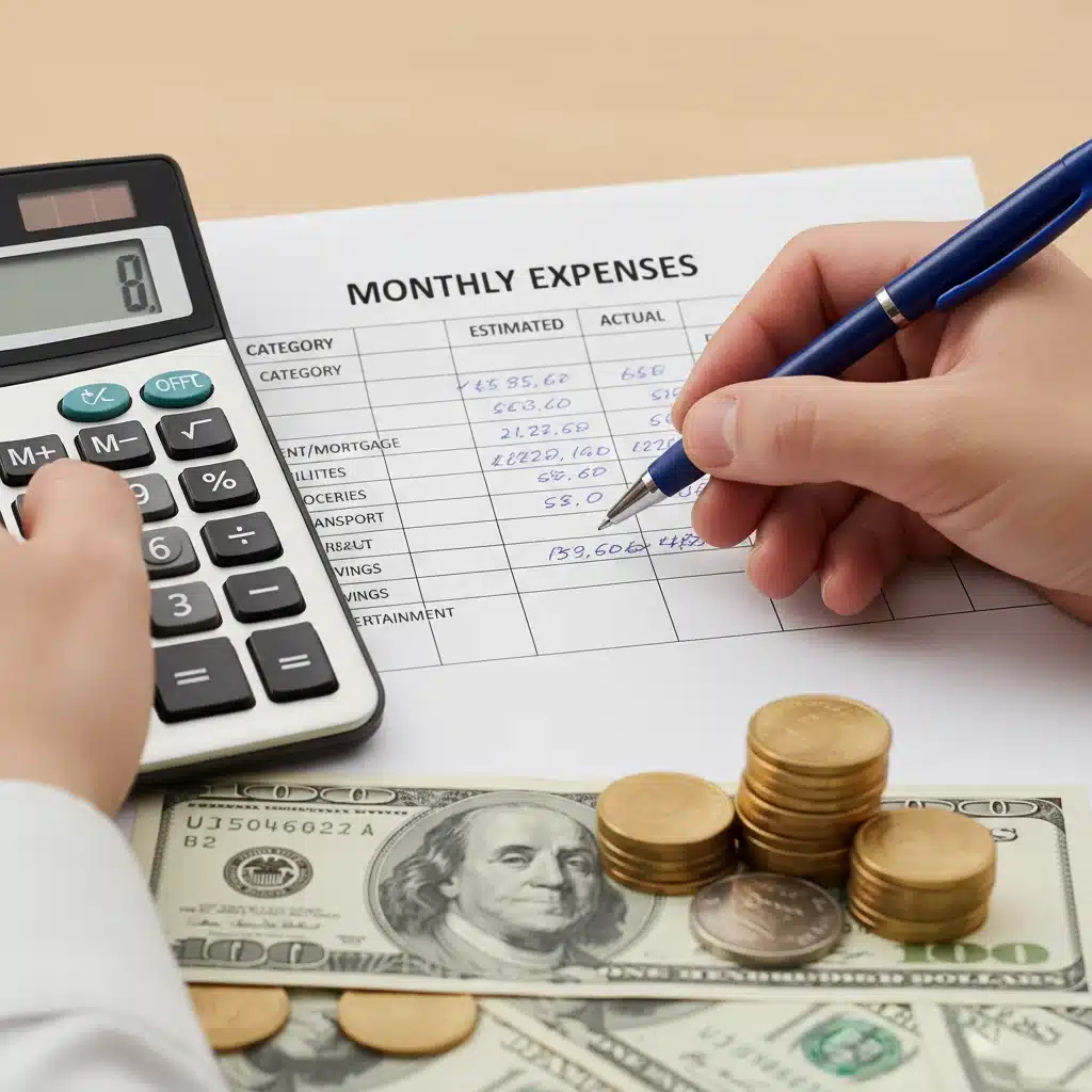 Hands calculating expenses for a budget review