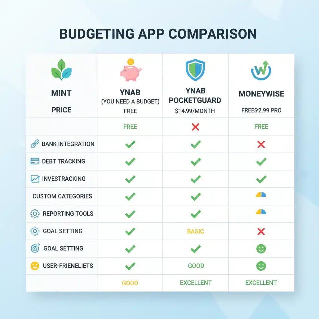 Infographic comparing features of various budgeting and financial planning applications