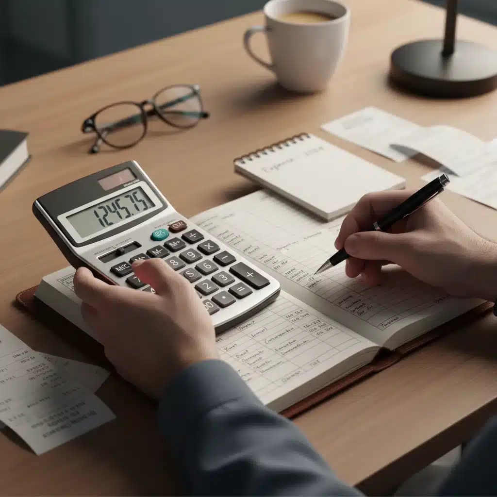 Hands using calculator for detailed budget tracking