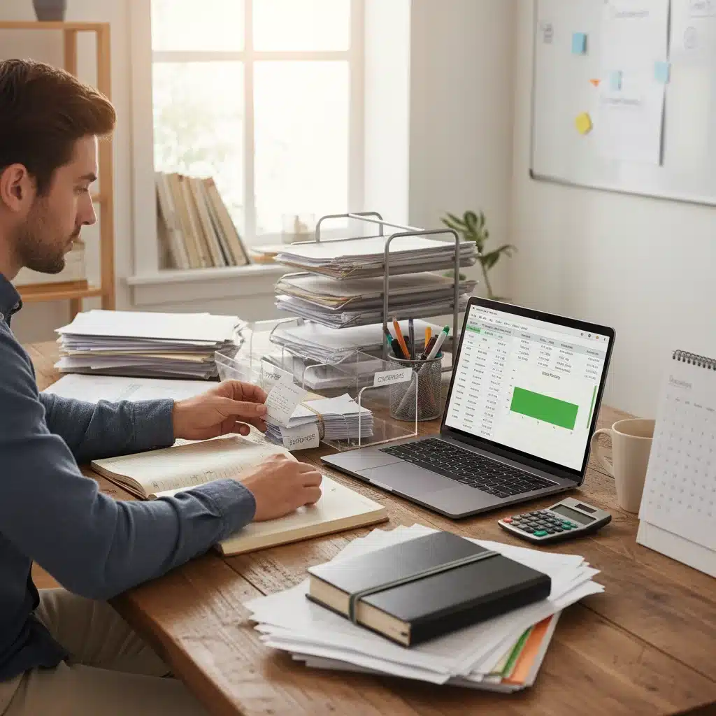 Person organizing financial documents and budgeting on a laptop, symbolizing diligent financial planning and control.