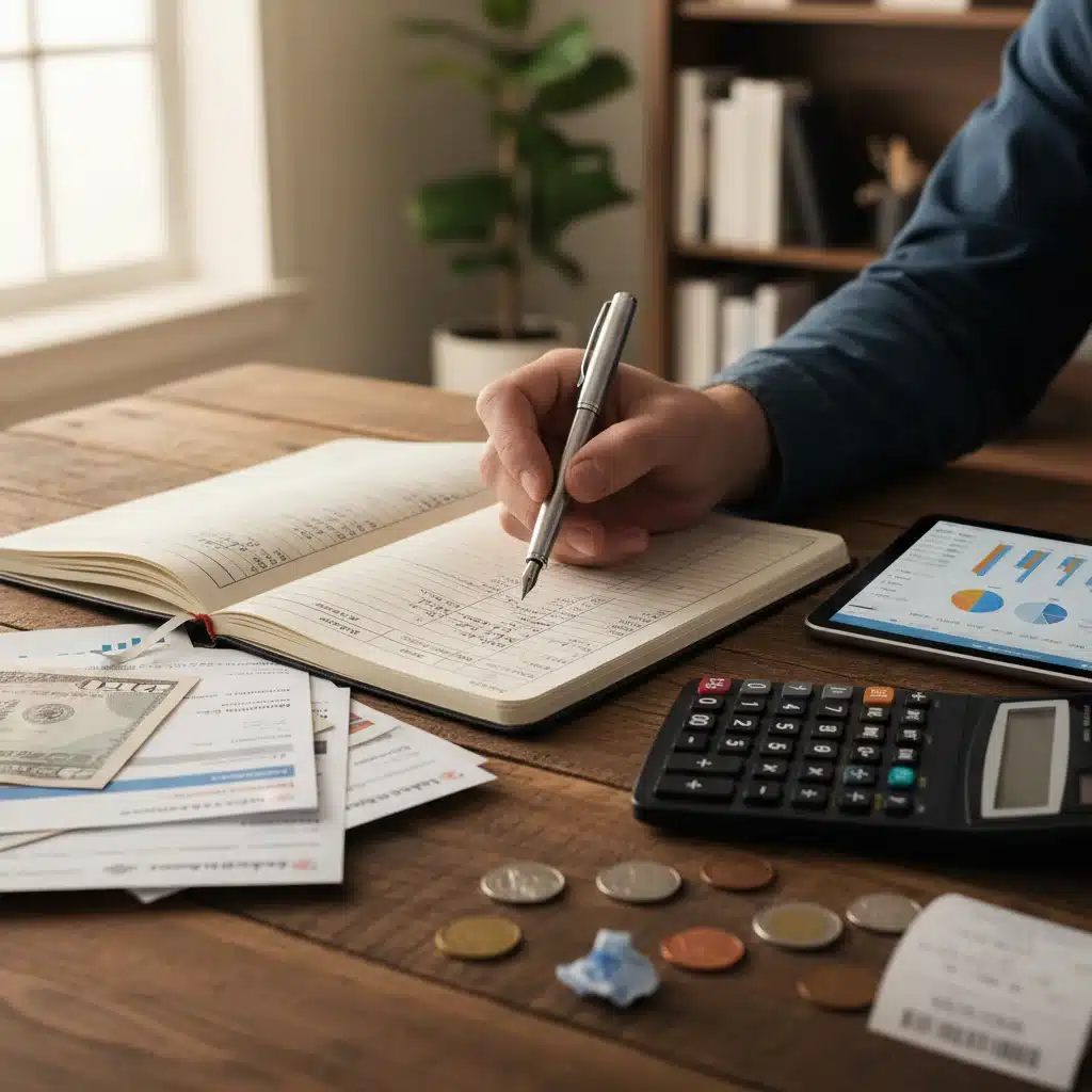 Hand writing in financial planner, reviewing budget