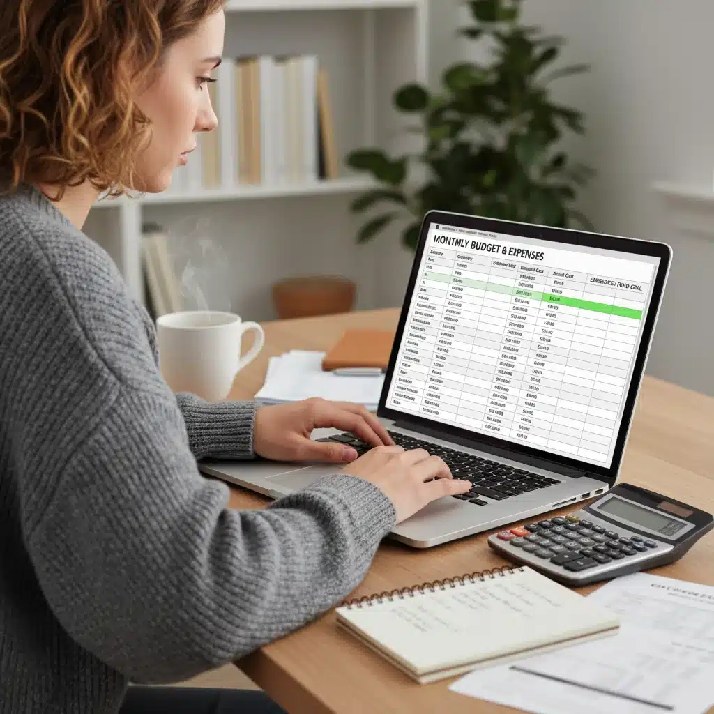 Person calculating monthly expenses for emergency fund planning.