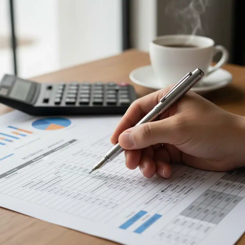 Hand calculating retirement savings with a pen and financial document