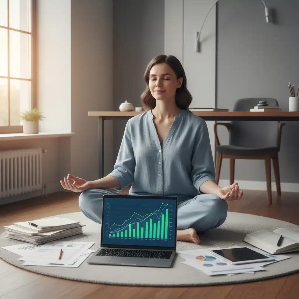 Person meditating amidst financial documents, illustrating calm money management.