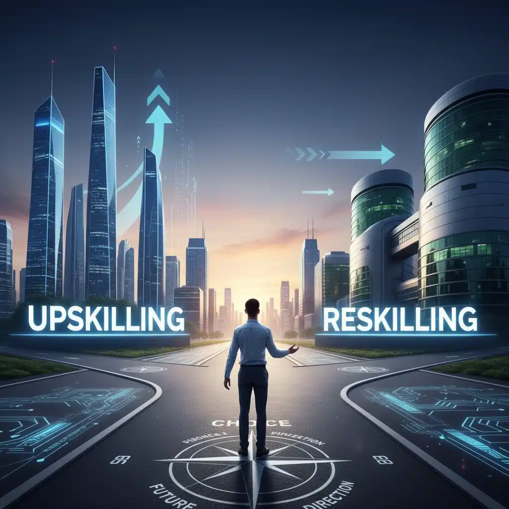 Individual choosing between upskilling and reskilling paths for career advancement.