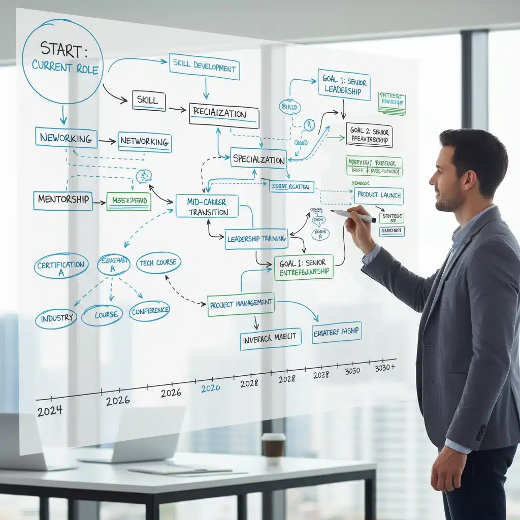 Person sketching career roadmap and goals on whiteboard