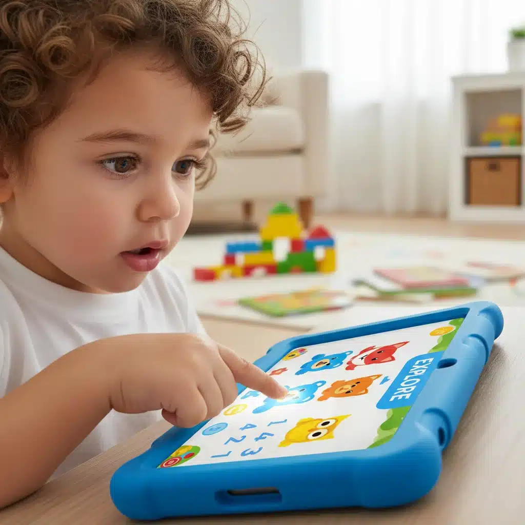 Young child interacting with an educational tablet, demonstrating technology integration in early learning.