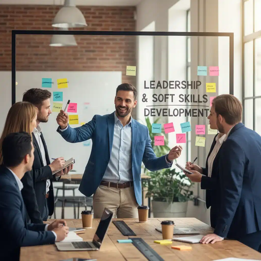 Professionals collaborating and developing soft skills in a meeting