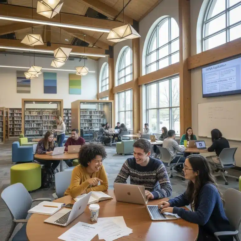 College students studying and discussing financial aid documents