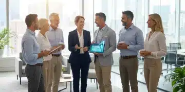 Confident professionals over 40 collaborating in a modern office