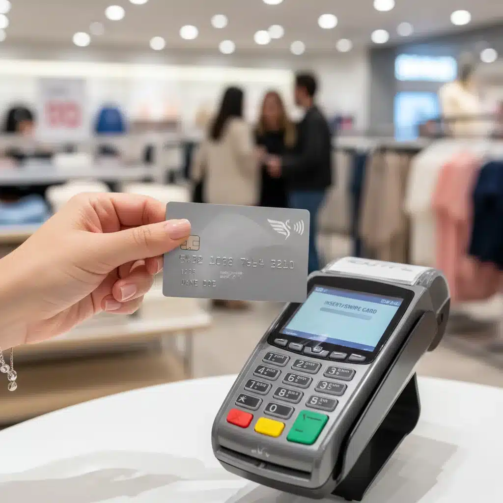 Close-up of credit card transaction at a point-of-sale terminal