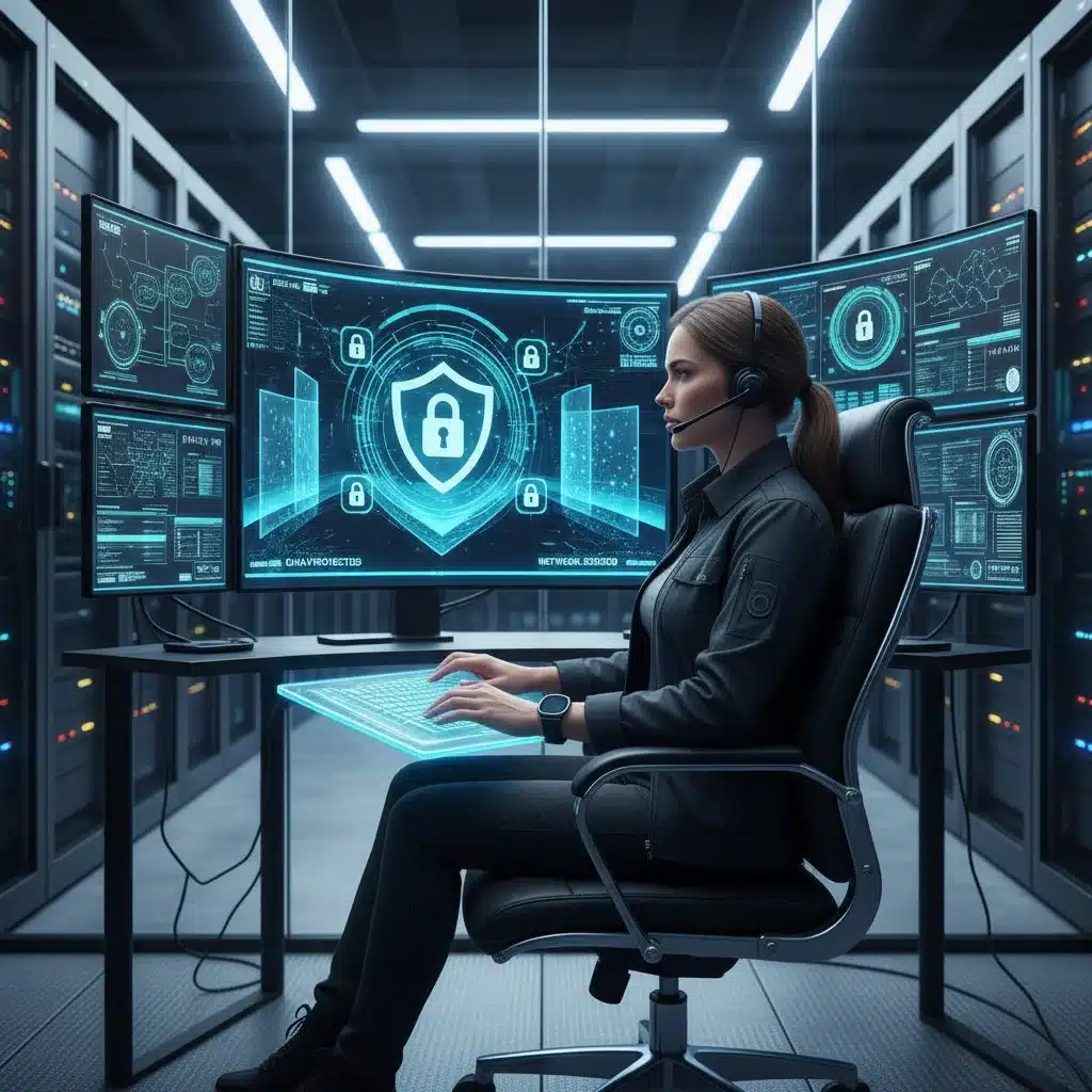 Cybersecurity professional monitoring network security in a data center environment.