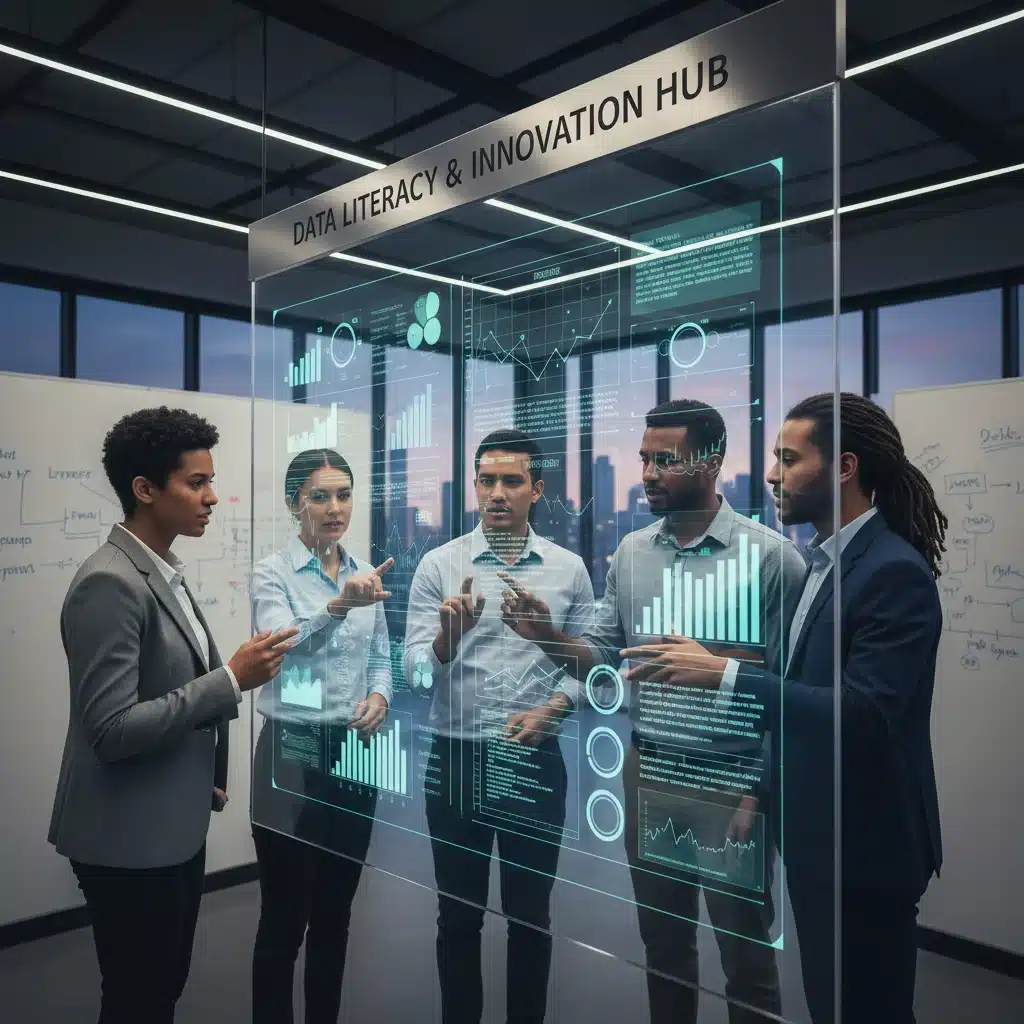Professionals analyzing data on a large screen, highlighting technical skills for AI interviews.