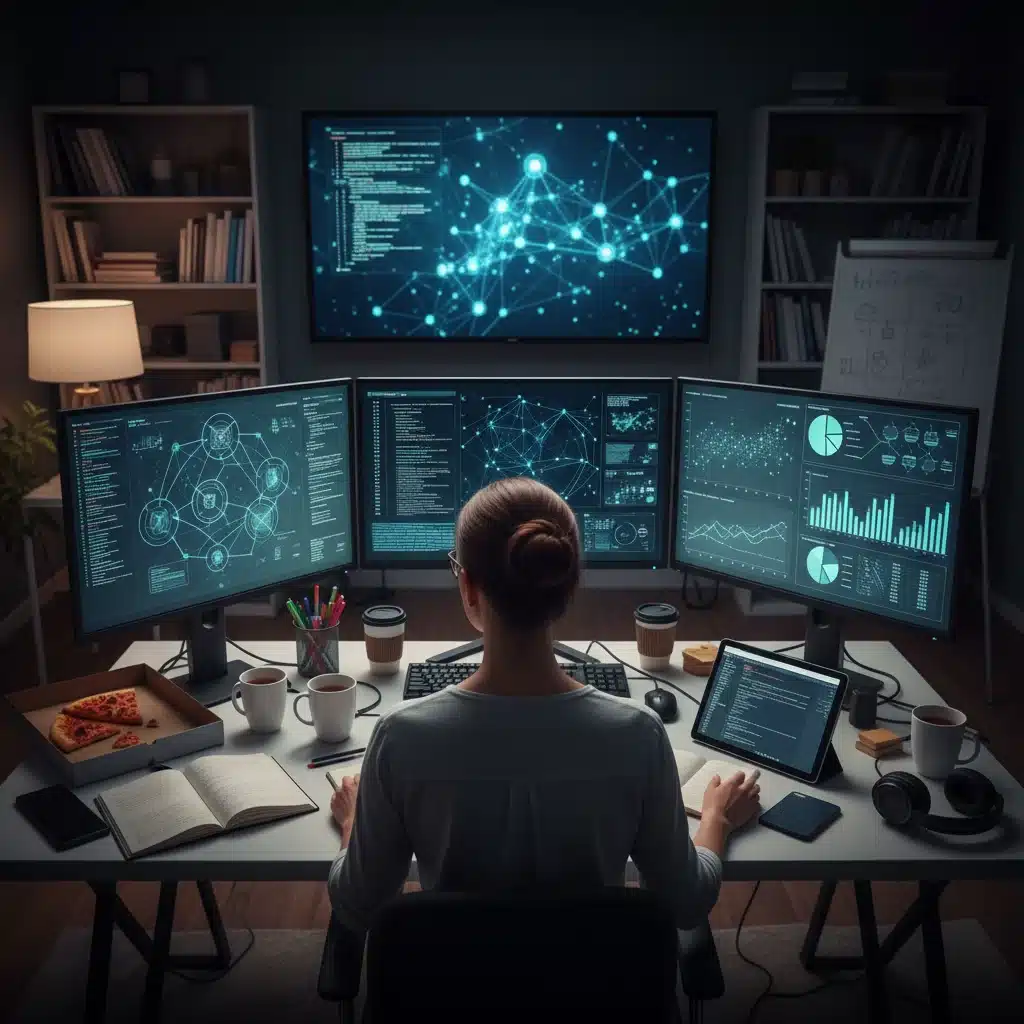 Data scientist analyzing AI and machine learning algorithms on multiple screens.