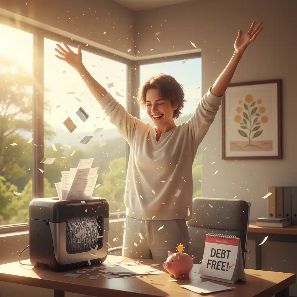 Person shredding documents after successful debt reduction