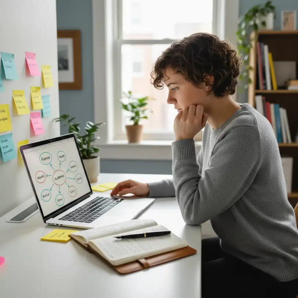 Professional reflecting and planning their personal brand identity at a desk