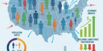 Demographic Shifts 2026: US Economy Impact Analysis Diverse population interacting with economic trend graphs and symbols, representing demographic shifts impact on US economy.